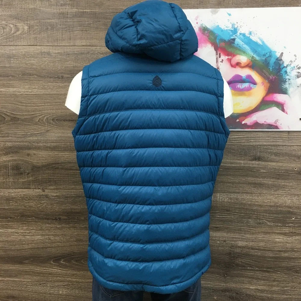 Stio Hometown Down Hooded Vest Mens Large Blue Goose Down Puffer Pertex Shell